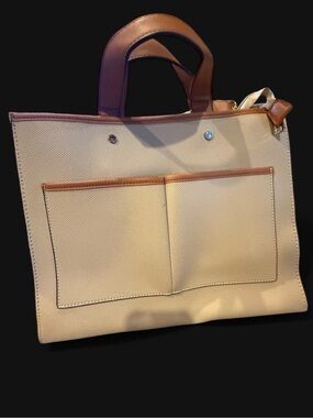 Cream and Tan Dual-Pocket Canvas Tote